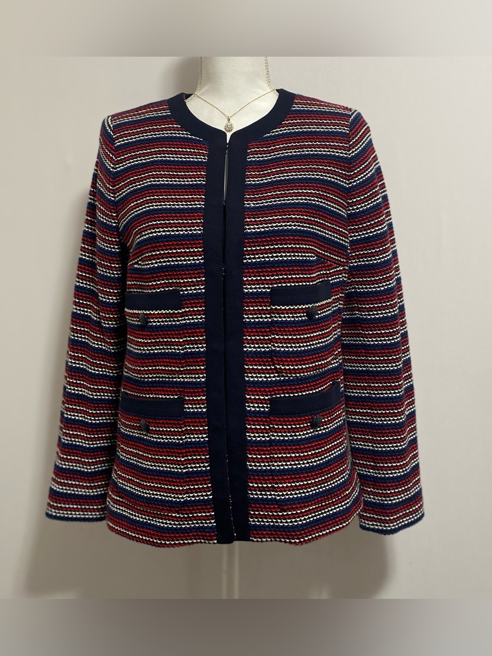 Talbots Navy, Red and White Striped Knit Blazer